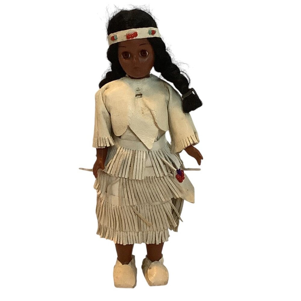 Vtg Carlson Native American Doll 7.5" Leather Dress & Moccasinsโ Fred Harvey